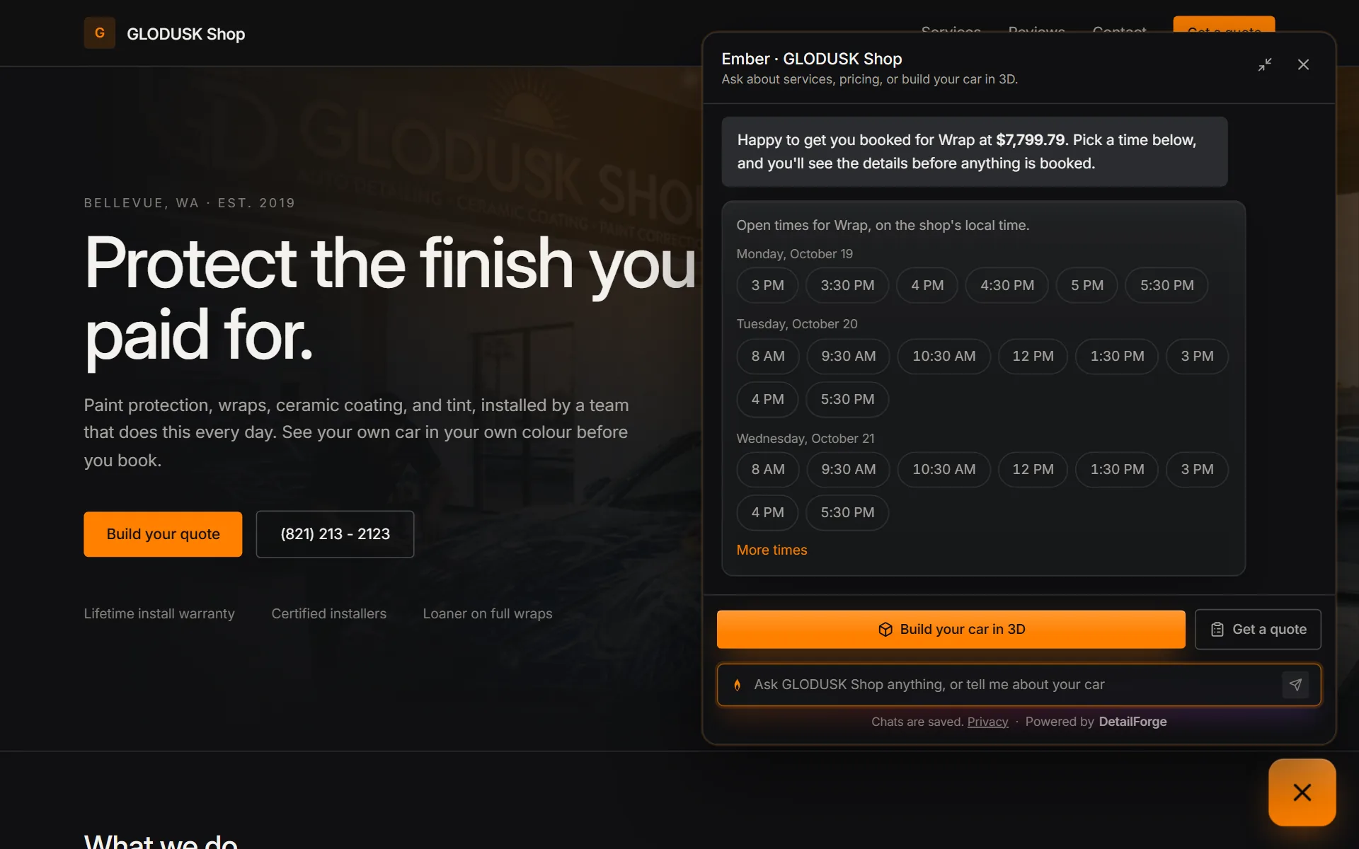 The chat offers the shop's open times for the wrap over the next three days, ready for the customer to pick one.