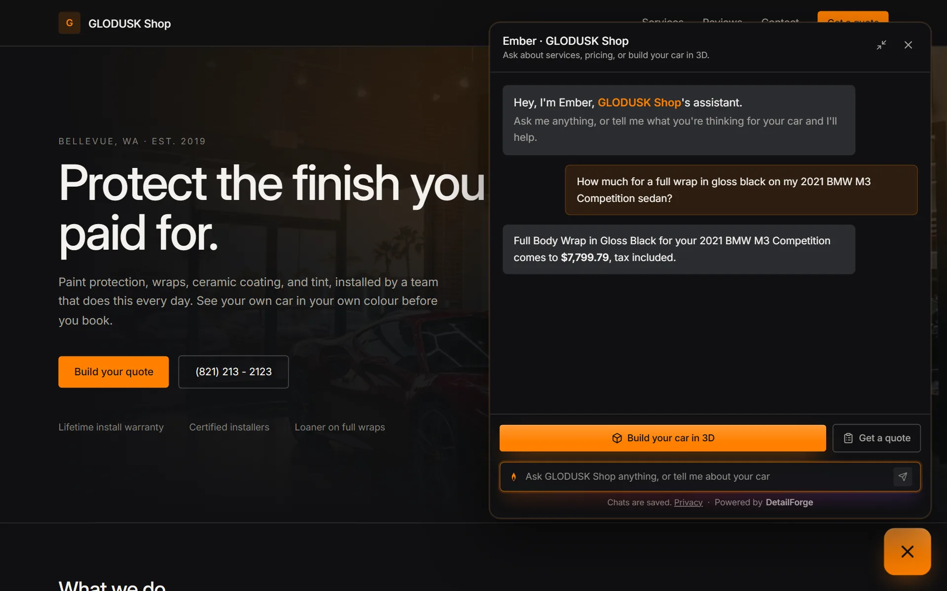Ember, the shop's chat on its own website: the customer asks what a full gloss black wrap costs on their 2021 BMW M3 Competition and gets the shop's price.
