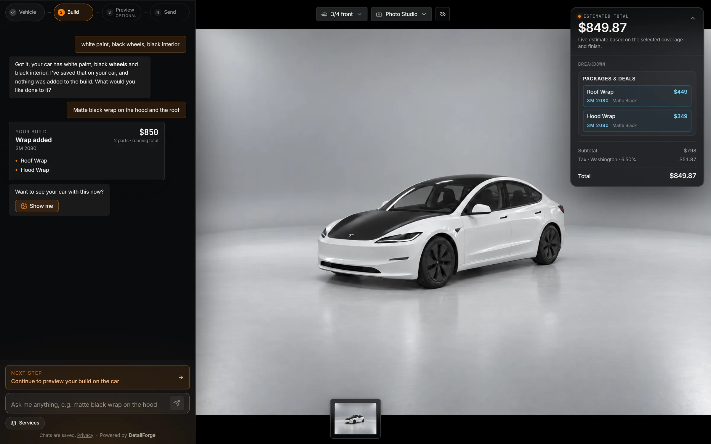 The customer's car rendered from a chosen angle, with the estimated total and an itemized breakdown of the wrap beside it.